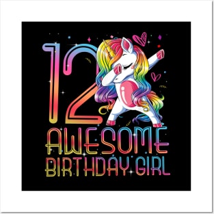 12th Birthday Girl 12 Years Old Awesome Unicorn Dabbing Bday Posters and Art